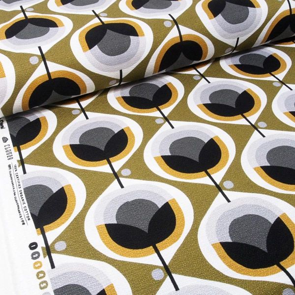 Bio Baumwolle Maxi Blüten Tulpen oliv senf - Modern Retro Barkcloth Geo floral Dekostoff