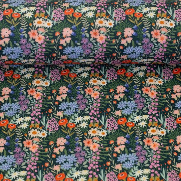 Dekostoff Canvas Secrets of Summer Wiesenblumen dunkelgrün bunt – Baumwollcanvas von Swafing