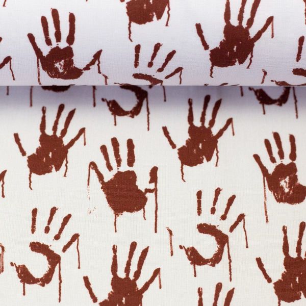 Baumwollstoff BOOO! rote Handabdrücke auf weiß – Spooky Halloween Time mit Swafing