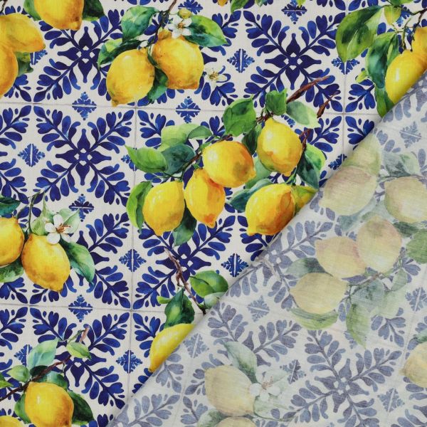 Baumwolle Viskose Satin mit mediterranem Zitronen auf Fliesen Motiv gelb blau