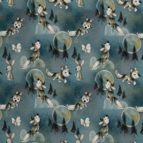 Baumwolljersey Jerry Wolf Hase Wald petrol – Swafing