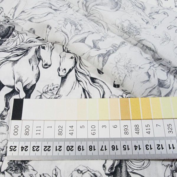 Baumwolle Pferde Blüten schwarz weiß Stil Bleistiftzeichnung