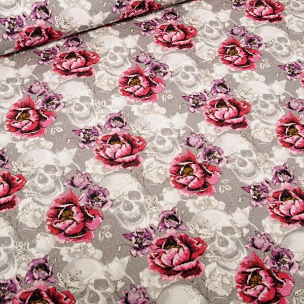 Deko Canvas Rosen Totenköpfe pink hellgrau - Baumwolle 140cm - FJV 2317