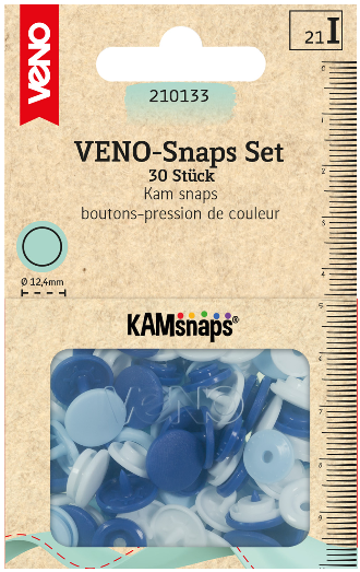 30 Kam Snaps im Farbmix weiß hellblau blau – bunte Plastik Druckknöpfe Ø 12,4 mm mit Box