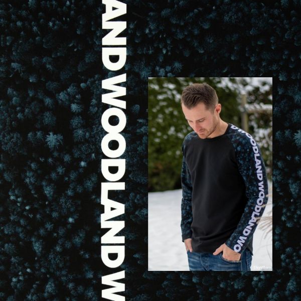 French Terry Wald Bäume Schriftzug petrol schwarz - Sweat Woodland by Thorsten Berger