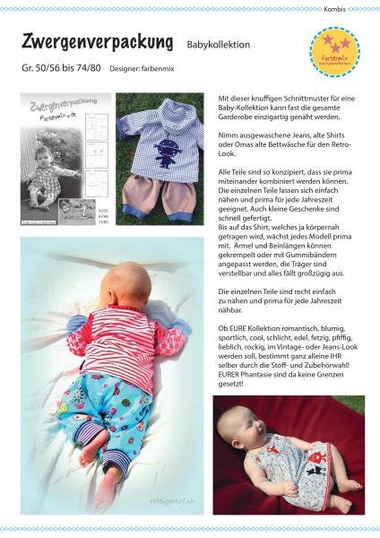 Schnittmuster Zwergenverpackung 1 von Farbenmix – Gr. 50-80 Pumphose Shirt Kleid Hoodie Jacke