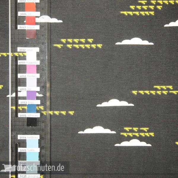 Bio Jersey Interlock BIRCH Charley Harper - maritime birds and clouds black