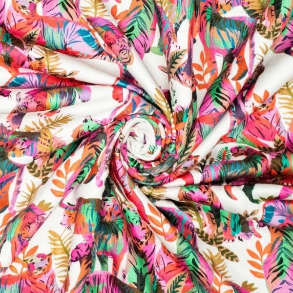 Viskose Stoff mit ausgefallenem Tiger Muster in rot pink grün für Kleider Blusen