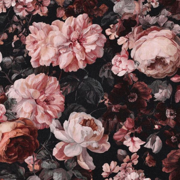 Canvas Slub Digital Blumen – Bordeauxrot Rosa auf Schwarz – Baumwollstoff für Taschen & Deko
