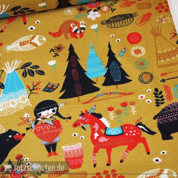Bio Jersey Interlock BIRCH Wildland – Village Feast - Indianermädchen Tipi Pferd