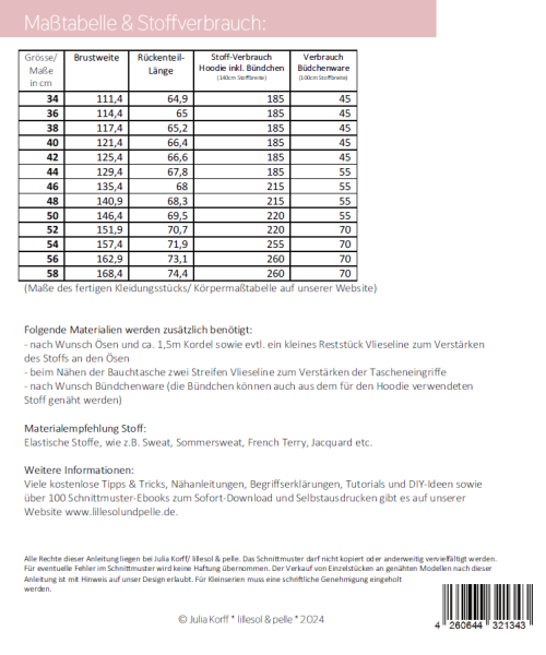 Schnittmuster Comfort Hoodie für Damen Lillesol woman No.86 Gr. 34-58