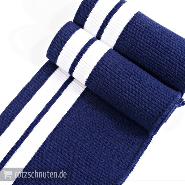 Strick Bündchen College dunkelblau weiß Streifen – Rippbündchen CLYDE 100x13cm Retro Maritim