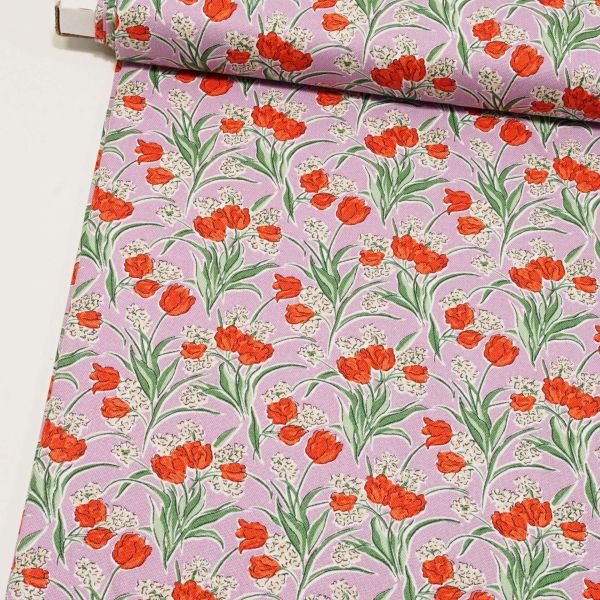 Baumwolle von Liberty London - rote Tulpen auf flieder - Serie Florist Flowers