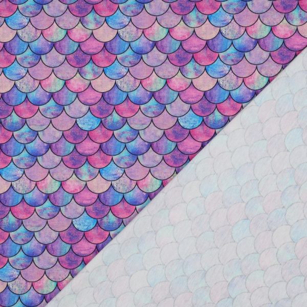 Baumwolljersey Mermaid Vibes – Bunte Schuppen in Pink, Blau & Lila