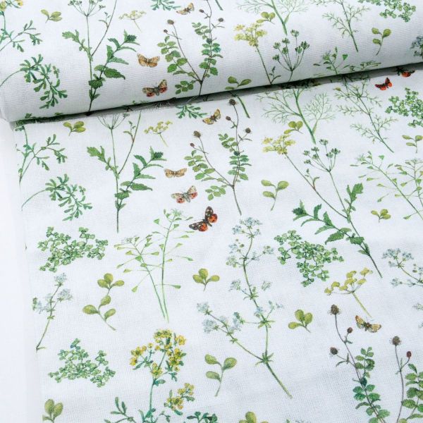 acufactum Kräuterwiese - Baumwolle mit Gartenkräutern und Schmetterlingen