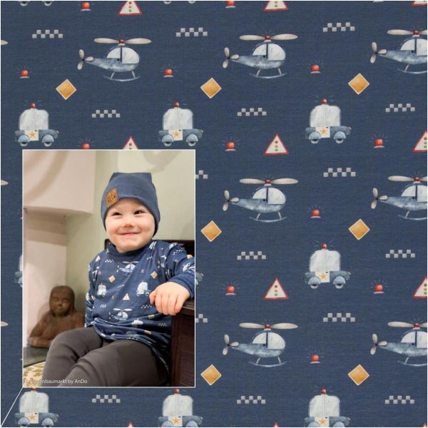 Jersey Polizei Autos Hubscharuber blau – Baumwolljersey Serie Samern by Swafing