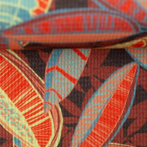 Waffeljersey Blätter braun – Waffelstruktur Jersey Viento Bienvenido Colorido