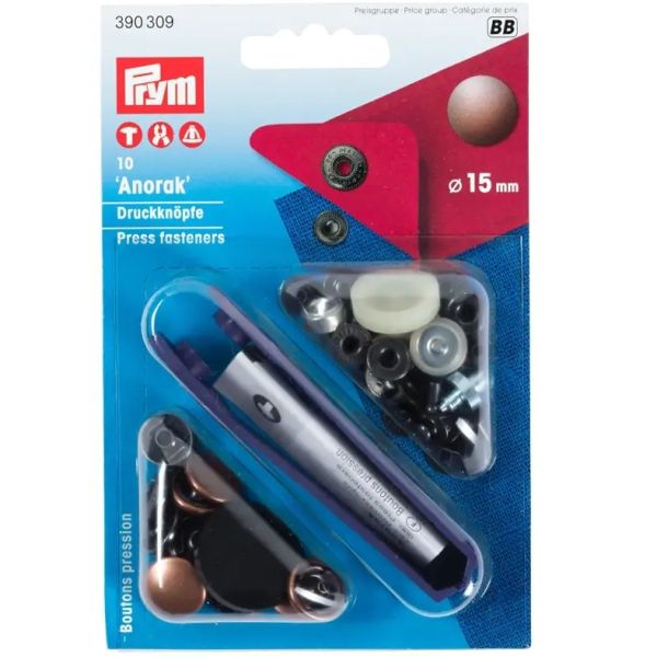 10 Anorak Druckknöpfe PRYM – 15mm altkupfer mit Werkzeug