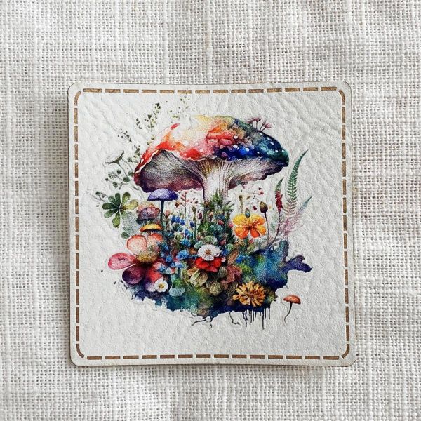 Aufnäher Label - bunter Pilz Blumen - für einzigartige Nähprojekte, Strickwerke & Gebasteltes