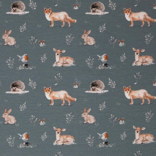 Jersey Waldtiere Igel Fuchs Reh rauchblau – Forest Animals von Christiane Zielinski by Swafing