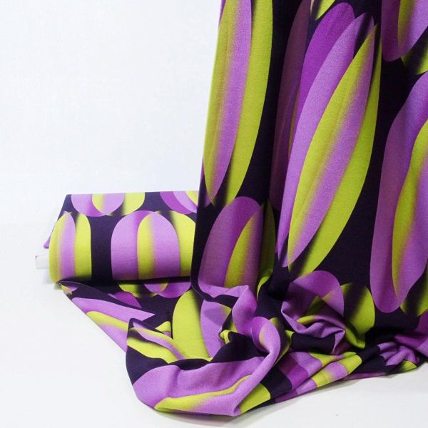 Viskose Jersey RETRO STYLE - Tulpen Tapeten Muster apfelgrün lila Vintage