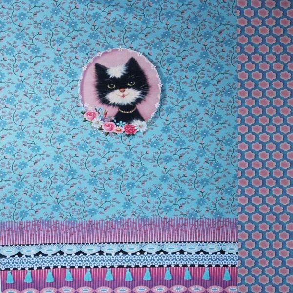 Jersey mit schwarzer Katze Blüten – 90cm Panel Penelope Cat by Fiona Hewitt