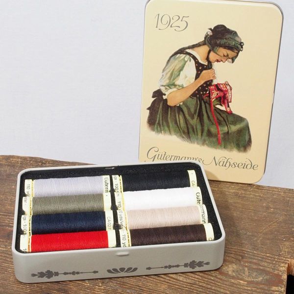 Nähgarn Nostalgie Set Klassik - 8x 100m Allesnäher Garn Gütermann 1925 Retro Metalldose Trachten