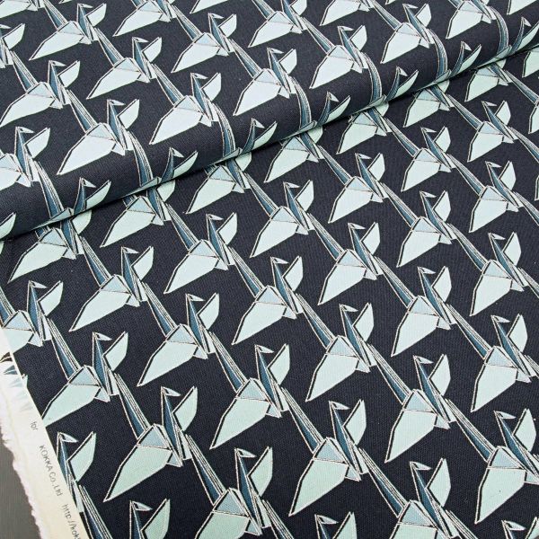 Kokka Leinenstoff Origami-Kranich petrol auf Dunkelblau mit Silber Metallic Print