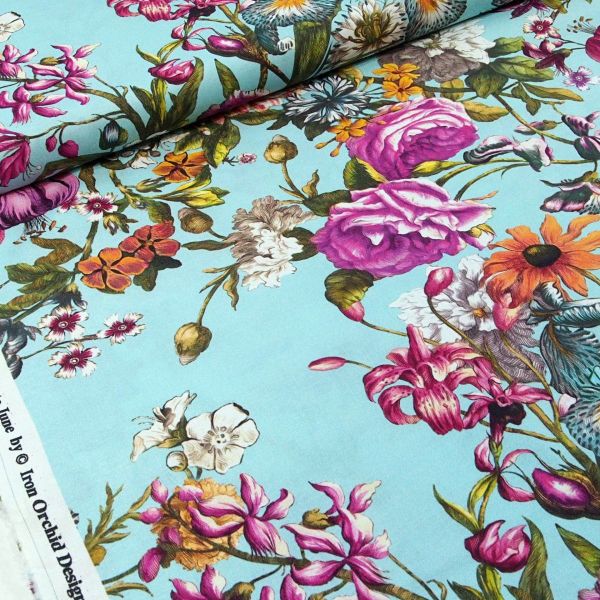Baumwolle große Blüten Lilien Rosen türkis bunt - Ode to June by Clothwork