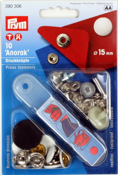 10 Anorak Druckknöpfe PRYM – 15mm weiß mit Werkzeug