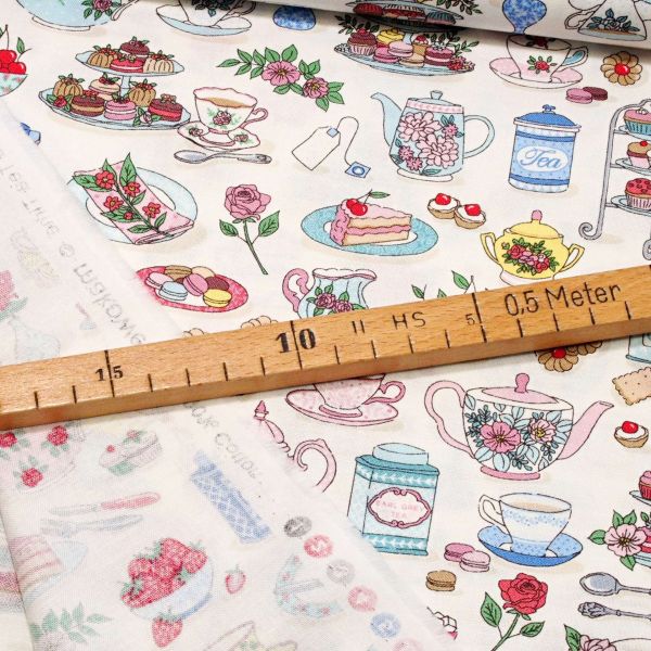 Baumwolle mit Kaffeekanne Tassen Cookies Tee creme weiß bunt - Tea Time Serie Afternoon Tea