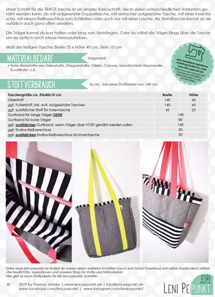 Schnittmuster TRAGE.tasche - Tasche mit langen oder kurzen Henkeln und viel Stauraum