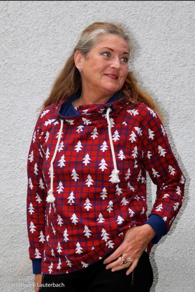 Sweat rot blau kariert mit Tannenbäumen Winter Weihnachten - French Terry Holly by Swafing