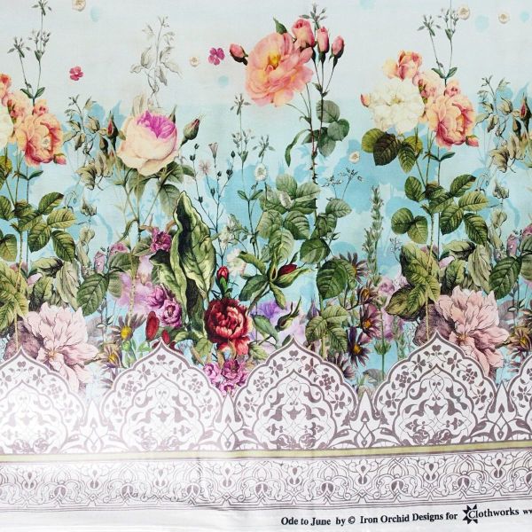 Baumwolle große Blüten Bordüre Lilien Rosen türkis bunt - Ode to June by Clothwork