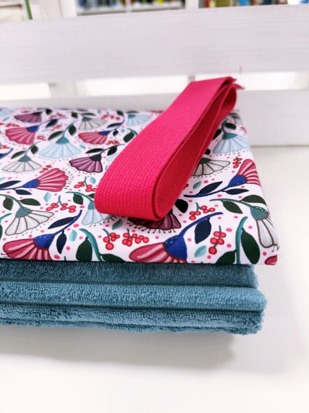Taschen-Stoffpaket petrol – Breitcord, Blumen Baumwollstoff & Gurtband pink