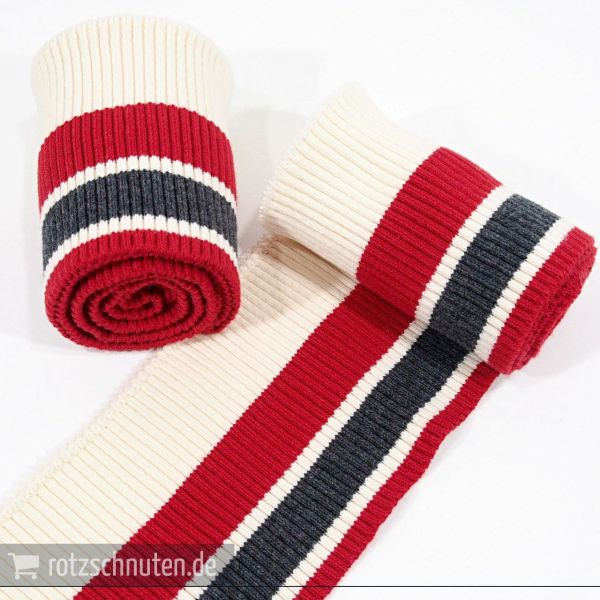 Strick Bündchen College creme rot grau Streifen – Rippbündchen BONNIE 100x8cm Retro