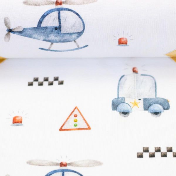 Jersey Polizei Autos Hubscharuber weiß blau – Baumwolljersey Serie Samern by Swafing