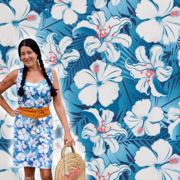 Polo Piqué Jersey Tropical Hibiskus Blüten blau - Serie Malta by Swafing