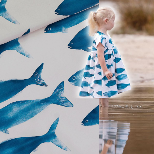 Baumwolle große Fische im Aquarell Stil creme petrol blau - Phishies L von See You At Six