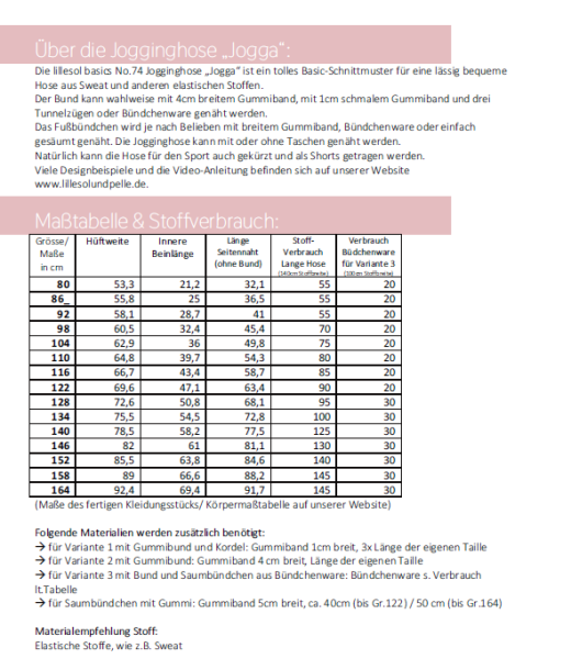 Schnittmuster Joggingshose JOGGA für Kids Lillesol basic No.74 Gr. 80-164
