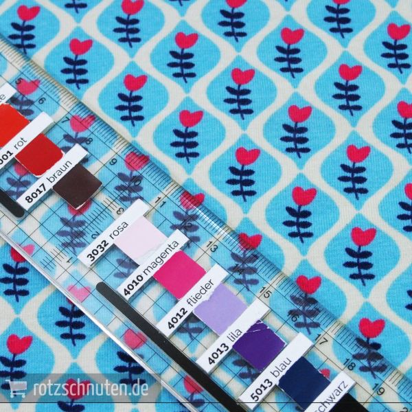 Baumwolljersey PFERDELIEBE Blüten Kombi hellblau pink – Evelyn Lisi Design