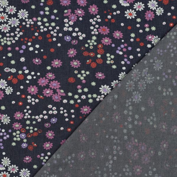 Baumwolle im Jeans Look blau mit kleinen Blüten