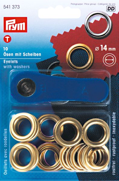10 Ösen mit Scheiben 14mm gold - mit Werkzeug