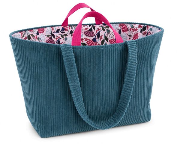 Taschen-Stoffpaket petrol – Breitcord, Blumen Baumwollstoff & Gurtband pink