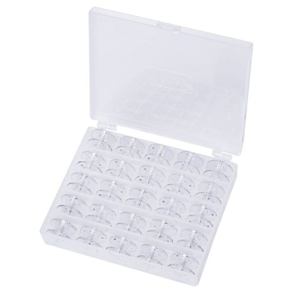 Box mit 25 Unterfaden Spulen transparent - CB Spule Kunststoff für viele gängige Nähmaschinen