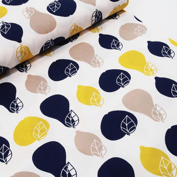 Baumwolle Früchte Apfel Birne Zitrone gelb violett Retro von Westfalenstoffe Living