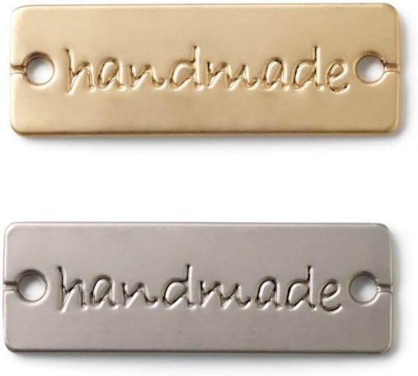 2 edle handmade Aufnäher Label aus Metall in silber und gold