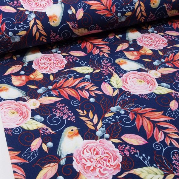 French Terry Romantik Rotkehlchen Pfingstrosen dunkelblau rosa - FVJ 1650