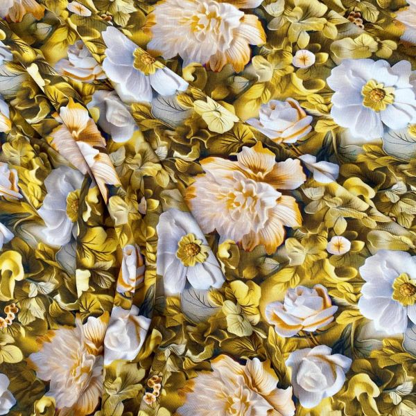 Viskose Jersey knitterfrei mit 3D Druck Blüten gelb - Sarah 3D Kollektion