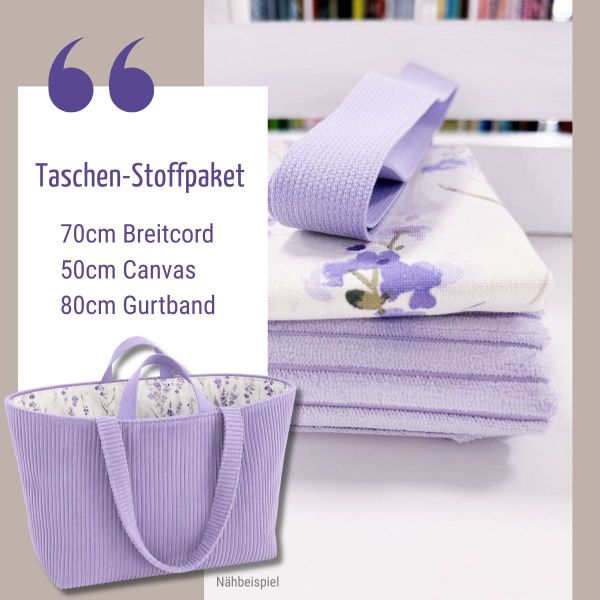 Taschen-Stoffpaket flieder – Breitcord, Blumen Baumwollstoff & Gurtband